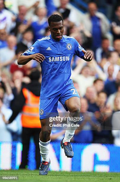 Daniel Sturridge of Chelsea dances in celebration as he scores their sixth goal during the Barclays Premier League match between Chelsea and Stoke...