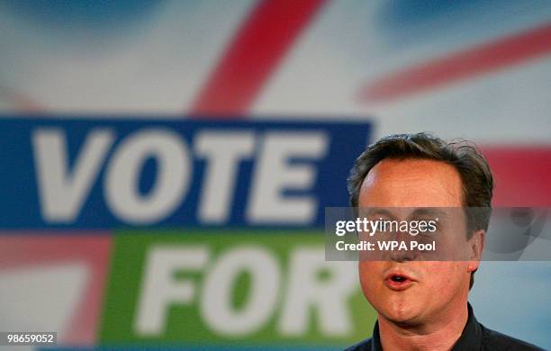 David Cameron, leader of the Conservatives, Britain's opposition party, during a question and answer session at a community meeting in...