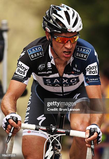 Jens Voigt of Germany and Team Saxobank breaks away from the peloton during the 96th the Liège-Bastogne-Liège race on April 25, 2010 in Liege,...