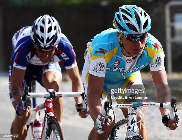 Race winner Alexandre Vinokourov of Kazakhstan and Astana leads 2nd placed Alexandr Kolobnev of Russia and Team Katusha during the 96th...