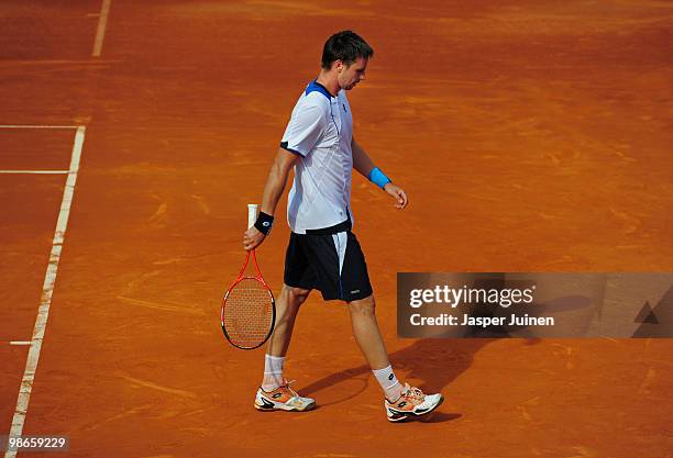 Robin Soderling of Sweden looks to the ground in his final match against Fernando Verdasco of Spain on day seven of the ATP 500 World Tour Barcelona...