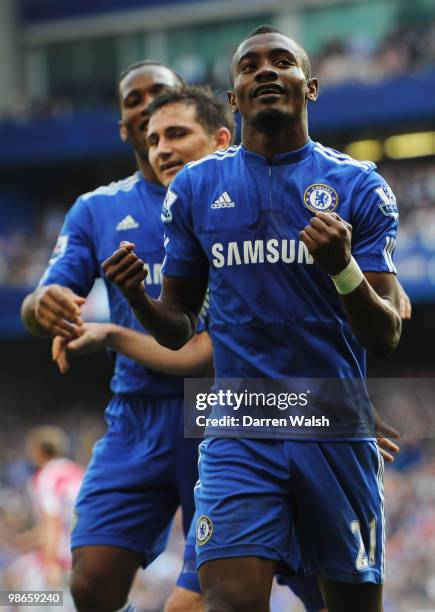 Salomon Kalou of Chelsea celebrates with Frank Lampard and Didier Drogba after scoring his third and his team's fourth goal during the Barclays...