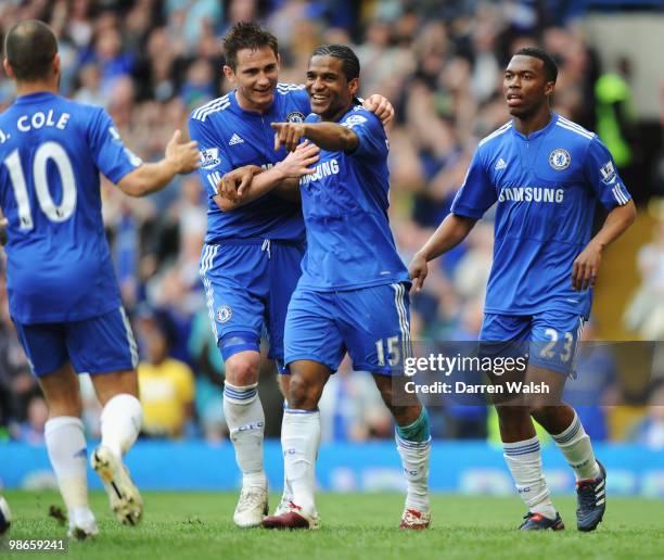 Florent Malouda of Chelsea celebrates with Daniel Sturridge , Joe Cole and Frank Lampard as he scores their seventh goal during the Barclays Premier...