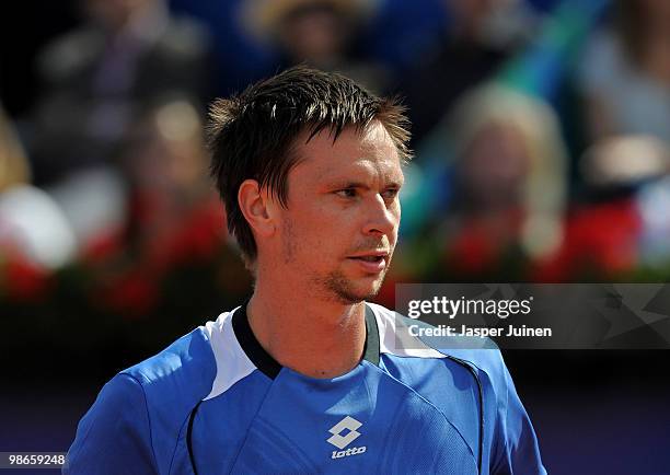 Robin Soderling of Sweden looks on in his final match against Fernando Verdasco of Spain on day seven of the ATP 500 World Tour Barcelona Open Banco...