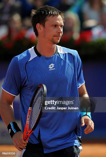 Robin Soderling of Sweden looks on in his final match against Fernando Verdasco of Spain on day seven of the ATP 500 World Tour Barcelona Open Banco...