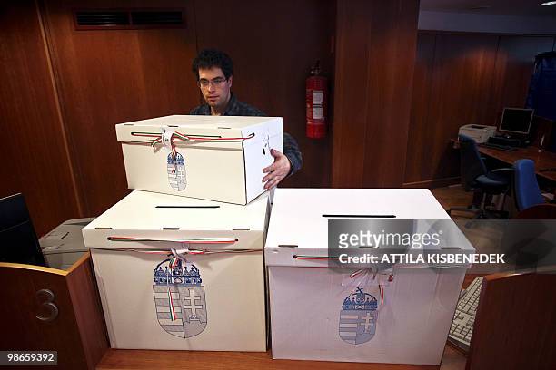 Local official holds a ballot-box before counting the ballots at a polling station of Budapest on April 25, 2010 during the second round of the...