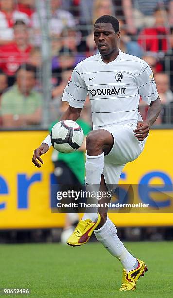 Mohamadou Idrissou of Freiburg in action with the ball during the Bundesliga match between SC Freiburg and VfL Wolfsburg at Badenova Stadium April...