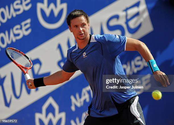 Robin Soderling of Sweden plays a backhand to Fernando Verdasco of Spain on day seven of the ATP 500 World Tour Barcelona Open Banco Sabadell 2010...