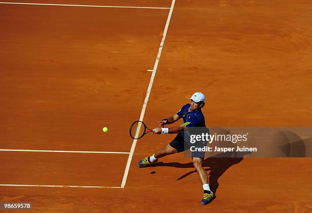 Fernando Verdasco of Spain plays a backhand to Robin Soderling of Sweden during the final match on day seven of the ATP 500 World Tour Barcelona Open...