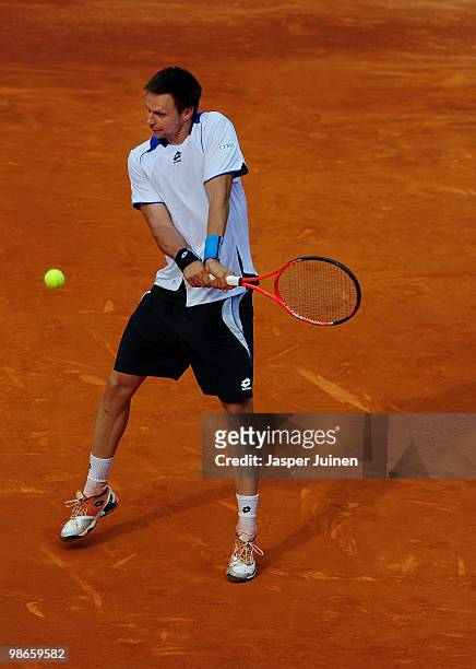 Robin Soderling of Sweden plays a doublehanded backhand to Fernando Verdasco of Spain on day seven of the ATP 500 World Tour Barcelona Open Banco...