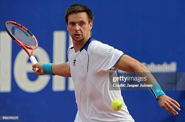 Robin Soderling of Sweden plays a backhand to Fernando Verdasco of Spain on day seven of the ATP 500 World Tour Barcelona Open Banco Sabadell 2010...