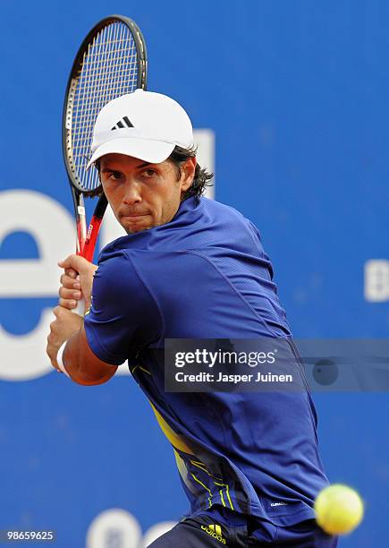 Fernando Verdasco of Spain plays a doublehanded backhand to Robin Soderling of Sweden during the final match on day seven of the ATP 500 World Tour...