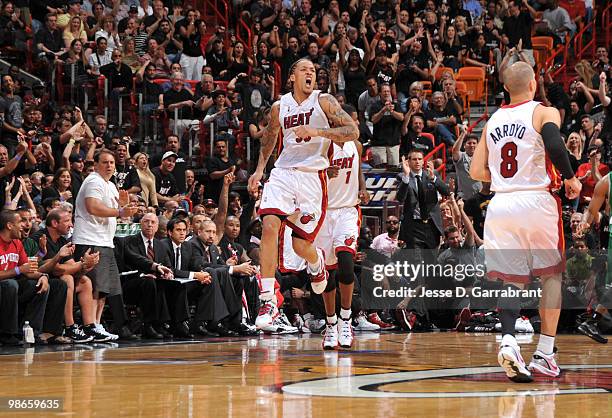 Michael Beasley of the Miami Heat celebrates against the Boston Celtics in Game Four of the Eastern Conference Quarterfinals during the 2010 NBA...