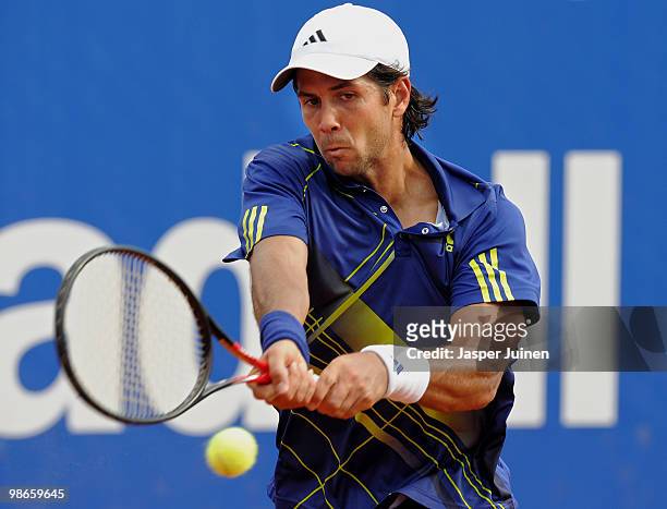 Fernando Verdasco of Spain plays a doublehanded backhand to Robin Soderling of Sweden during the final match on day seven of the ATP 500 World Tour...