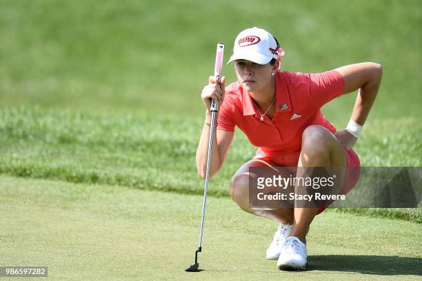 Paula Creamer lines up a putt on the first green during the first round of the KPMG Women's PGA Championship at Kemper Lakes Golf Club on June 28,...