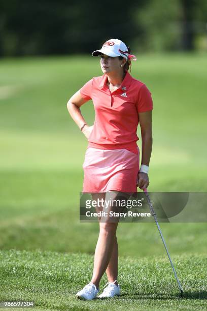 Paula Creamer waits to putt on the first green during the first round of the KPMG Women's PGA Championship at Kemper Lakes Golf Club on June 28, 2018...