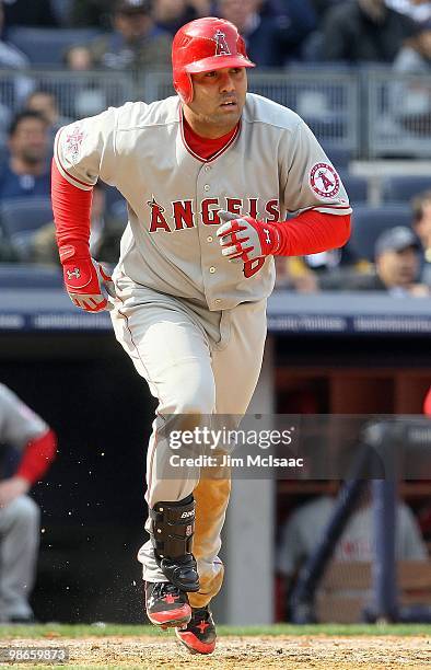 Kendry Morales of the Los Angeles Angels of Anaheim runs against the New York Yankees during the Yankees home opener at Yankee Stadium on April 13,...