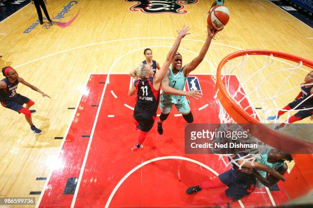 Kia Vaughn of the New York Liberty shoots the ball against the Washington Mystics on June 28, 2018 at Capital One Arena in Washington, DC. NOTE TO...