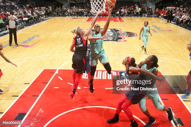 Kia Vaughn of the New York Liberty shoots the ball against the Washington Mystics on June 28, 2018 at Capital One Arena in Washington, DC. NOTE TO...