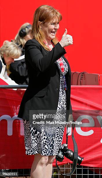 Sarah Ferguson, The Duchess of York gives a 'thumbs up' to runners as she waits for daughter HRH Princess Beatrice of York to complete the Virgin...