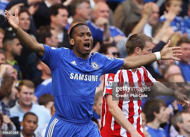 Didier Drogba of Chelsea appeals during the Barclays Premier League match between Chelsea and Stoke City at Stamford Bridge on April 25, 2010 in...