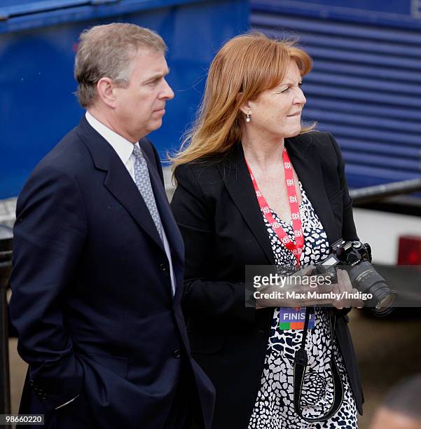 Prince Andrew, The Duke of York and ex-wife Sarah Ferguson, The Duchess of York wait by the finish line of the Virgin London Marathon for daughter...
