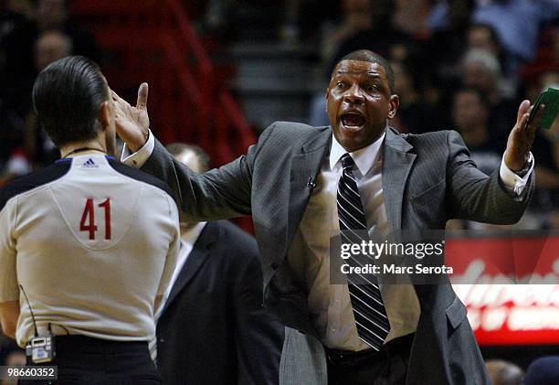Coach Doc Rivers of the Boston Celtics reacts against the Miami Heat in Game Four of the Eastern Conference Quarterfinals during the 2010 NBA...