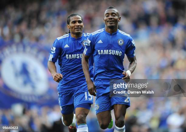 Salomon Kalou of Chelsea celebrates with Florent Malouda after scoring his third and his team's fourth goal during the Barclays Premier League match...