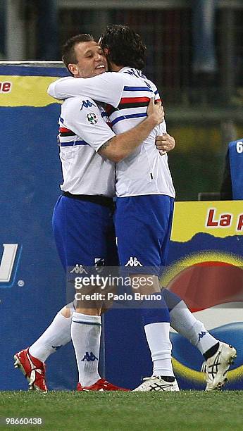 Antonio Cassano with his teammates of UC Sampdoria celebrates the goal during the Serie A match between AS Roma and UC Sampdoria at Stadio Olimpico...