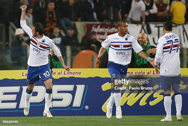 Gianpaolo Pazzini with his teammates of UC Sampdoria celebrates after scoring the goal during the Serie A match between AS Roma and UC Sampdoria at...