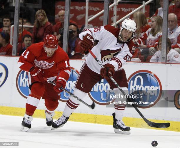 Ed Jovanovski of the Phoenix Coyotes passes away from Dan Cleary of the Detroit Red Wings during Game Six of the Western Conference Quarterfinals of...