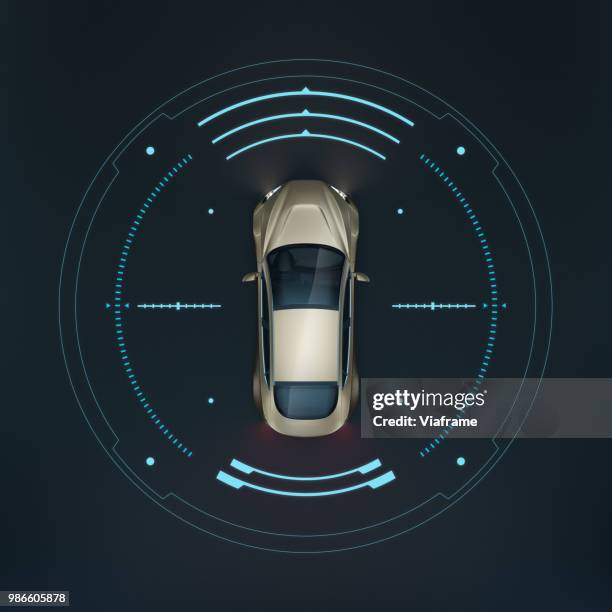 smart car rs topview - illustration - digitale zukunft straßenverkehr stock-fotos und bilder