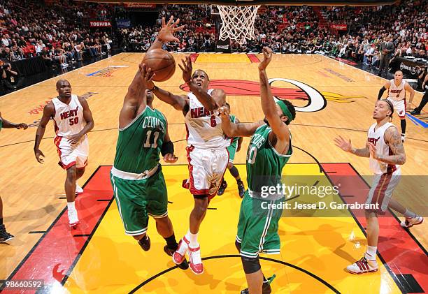 Mario Chalmers of the Miami Heat shoots against the Boston Celtics in Game Four of the Eastern Conference Quarterfinals during the 2010 NBA Playoffs...