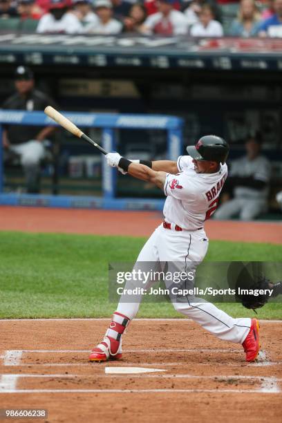 Michael Brantley of the Cleveland Indians bats during a MLB game against the Chicago White Sox at Progressive Field on June 20, 2018 in Detroit,...