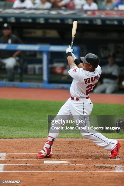 Michael Brantley of the Cleveland Indians bats during a MLB game against the Chicago White Sox at Progressive Field on June 20, 2018 in Detroit,...