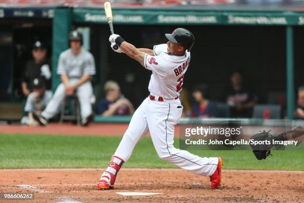 Michael Brantley of the Cleveland Indians bats during a MLB game against the Chicago White Sox at Progressive Field on June 20, 2018 in Detroit,...