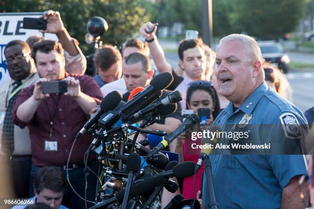 Acting chief of police William Krampf speaks at a press conference about the Capital-Gazette shooting on June 28, 2018 in Annapolis, Maryland. At...