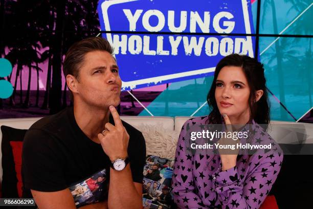 June 28: Sam Page and Katie Stevens at the Young Hollywood Studio on June 28, 2018 in Los Angeles, California.