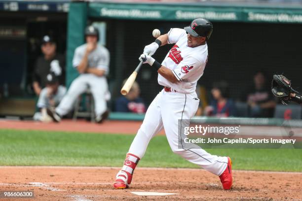 Michael Brantley of the Cleveland Indians bats during a MLB game against the Chicago White Sox at Progressive Field on June 20, 2018 in Detroit,...