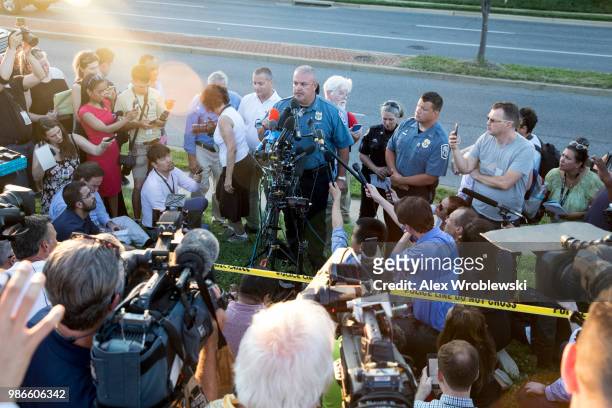 Acting chief of police William Krampf speaks at a press conference about the Capital-Gazette shooting on June 28, 2018 in Annapolis, Maryland. At...