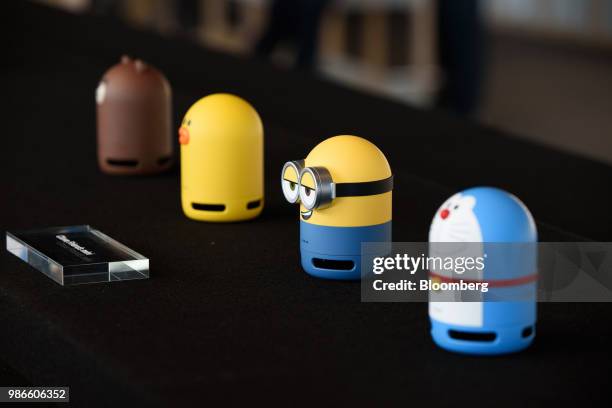 Line Corp. Clova Friends Mini smart speakers sit on display during the company's annual strategy briefing in Urayasu, Chiba prefecture, Japan, on...