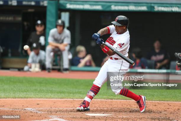 Jose Ramirez of the Cleveland Indians bats during a MLB game against the Chicago White Sox at Progressive Field on June 20, 2018 in Detroit, Michigan.