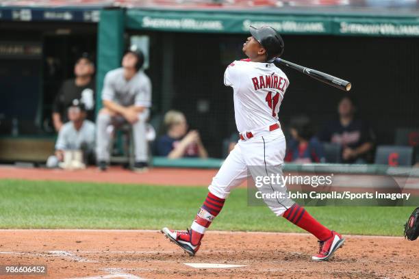 Jose Ramirez of the Cleveland Indians bats during a MLB game against the Chicago White Sox at Progressive Field on June 20, 2018 in Detroit, Michigan.