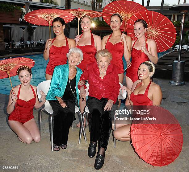 Actresses Betty Garrett and Esther Williams pose with the Aqualillies at TCM's screening of "Neptune's Daughter" at The Roosevelt Hotel on April 22,...