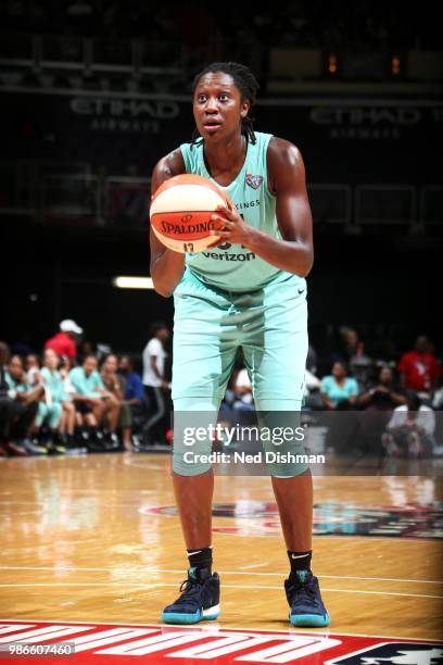 Tina Charles of the New York Liberty shoots the ball against the Washington Mystics on June 28, 2018 at Capital One Arena in Washington, DC. NOTE TO...