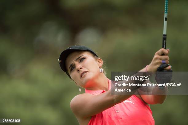 June 28: Lexi Thompson of the US hits her tee shot on the eighth hole during the first round of the 2018 KPMG Women's PGA Championship at Kemper...