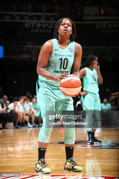 Epiphanny Prince of the New York Liberty shoots the ball against the Washington Mystics on June 28, 2018 at Capital One Arena in Washington, DC. NOTE...