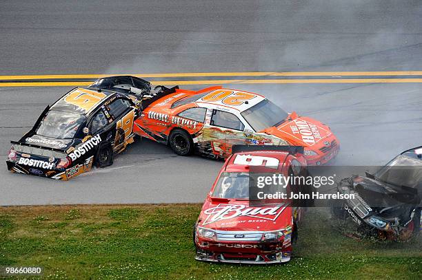 Elliott Sadler, driver of the Stanley/Bostitch Ford, Joey Logano, driver of the Home Depot Toyota, Kasey Kahne, driver of the Budweiser Ford, Brad...