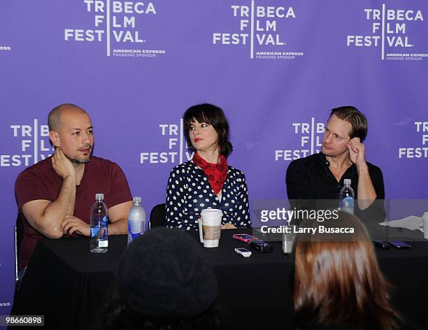 Director Tarik Saleh, actress Juliette Lewis and actor Alexander Skarsgard speak at the "Metropia" press conference during the 2010 Tribeca Film...