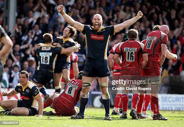 Erik Lund of Leeds celebrates his team's victory at the final whistle during the Guinness Premiership match between Leeds Carnegie and Worcester...